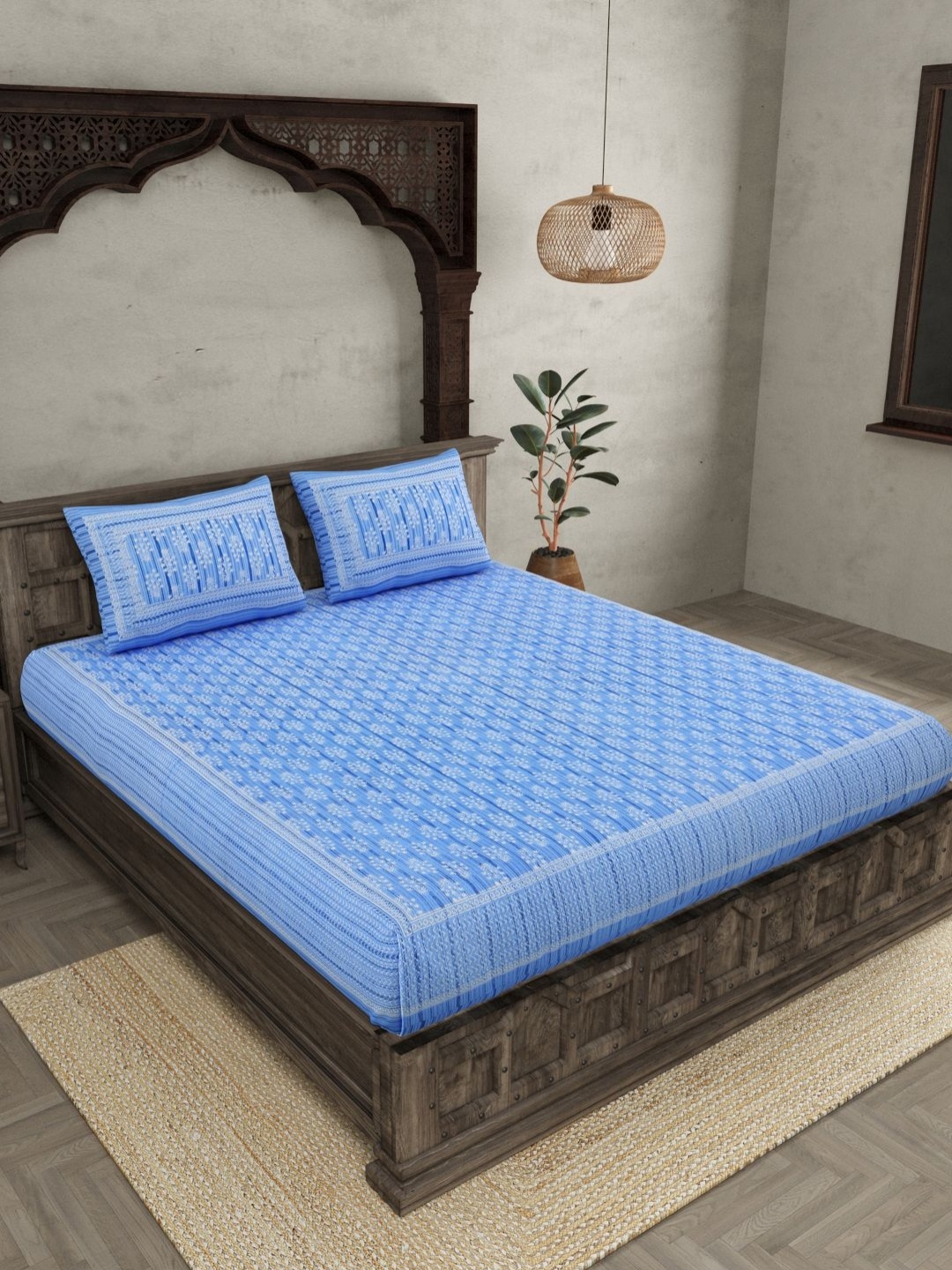 

JAIPUR FABRIC Blue & White Floral 144 TC Pure Cotton King Bedsheet with 2 Pillow Covers