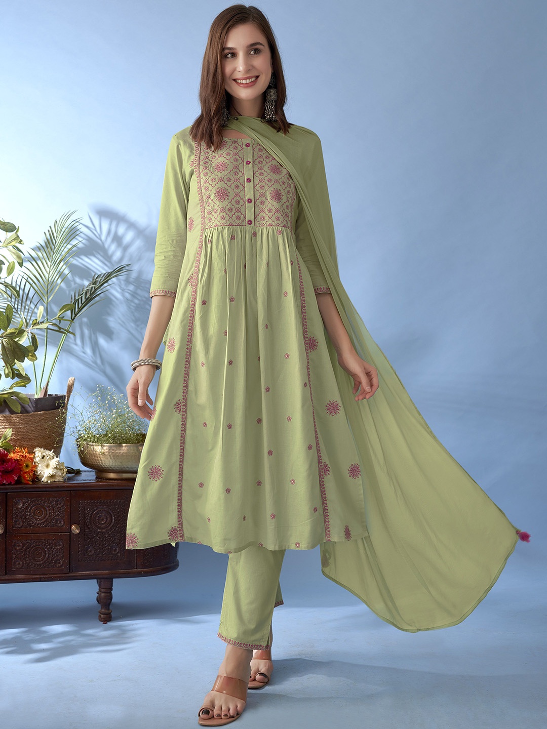 

Anouk Floral Embroidered Thread Work Pure Cotton Anarkali Kurta With Trousers & Dupatta, Green