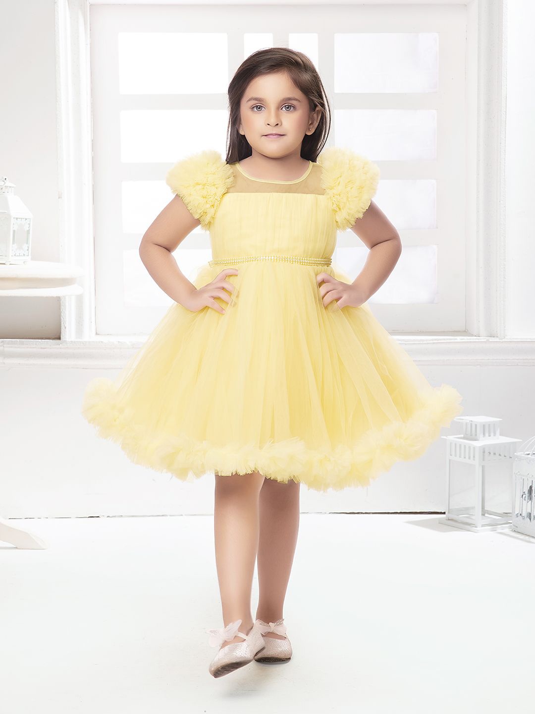 

Ministitch Girls Puff Sleeves Net Fit & Flare Dress, Yellow