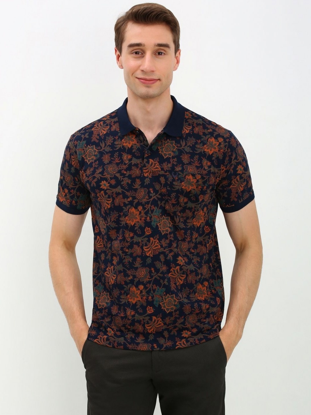 

Allen Solly Men Floral Printed Polo Collar Cotton T-Shirt, Navy blue