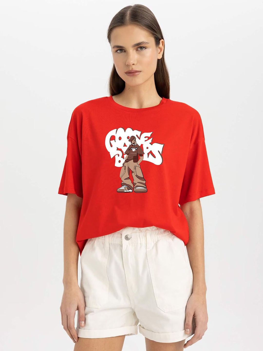 

MISCHIEF MONKEY Women Printed Extended Sleeves T-shirt, Red