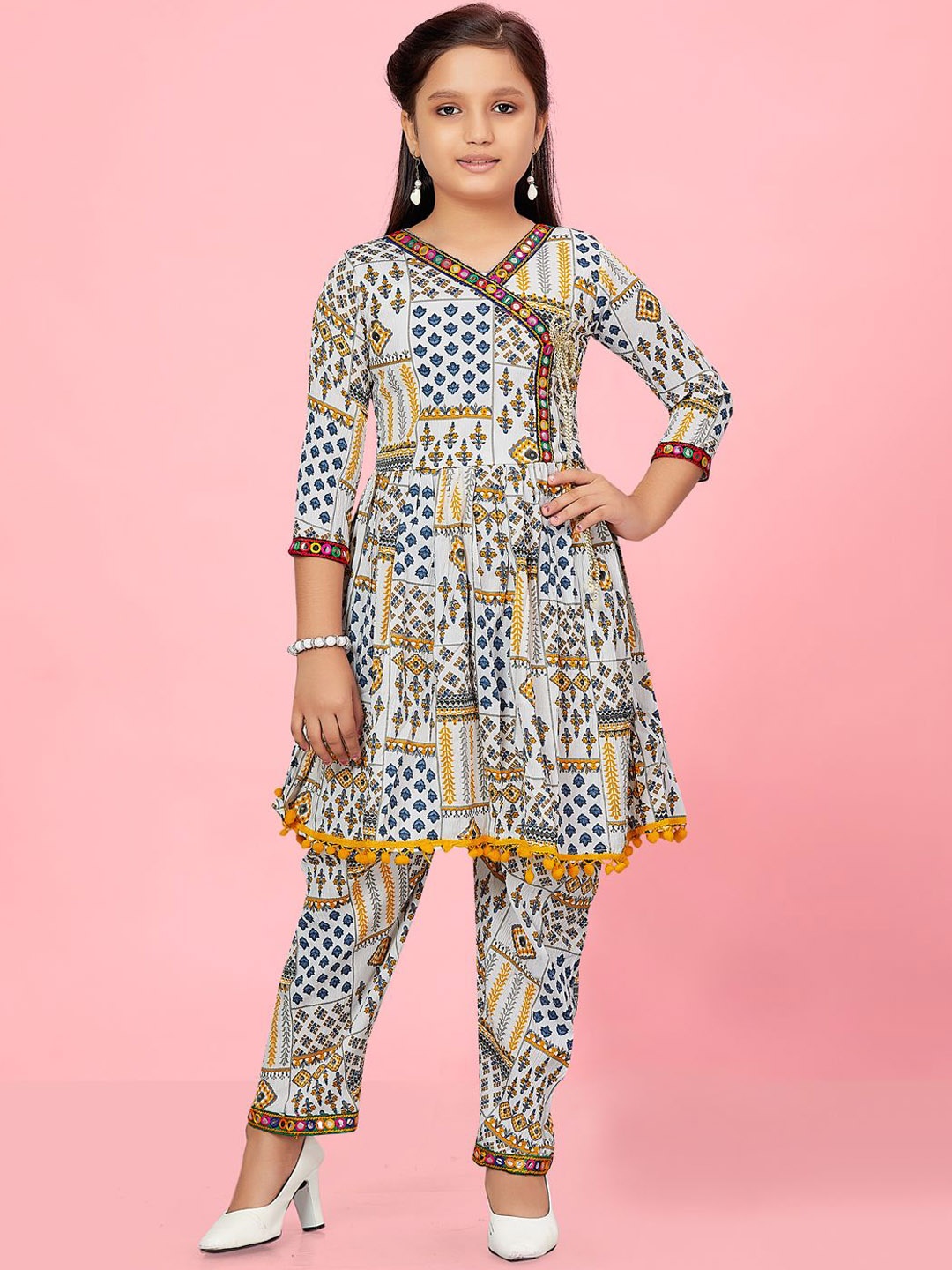 

BAESD Girls Ethnic Motifs Printed Mirror Work Angrakha Anarkali Kurta With Trouser, White