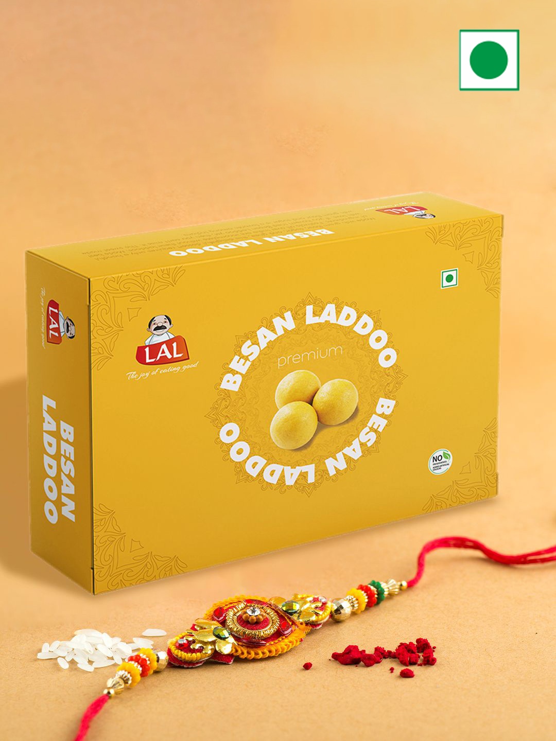 

LAL 1-Pc Rakhi With Sweets Besan Laddoo & Roli Chawal Gift Set, Yellow