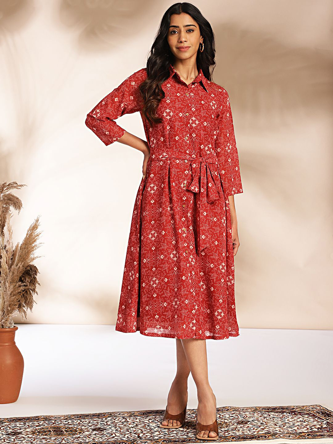 

Janasya Ethnic Motifs Printed Georgette Shirt Dress, Maroon