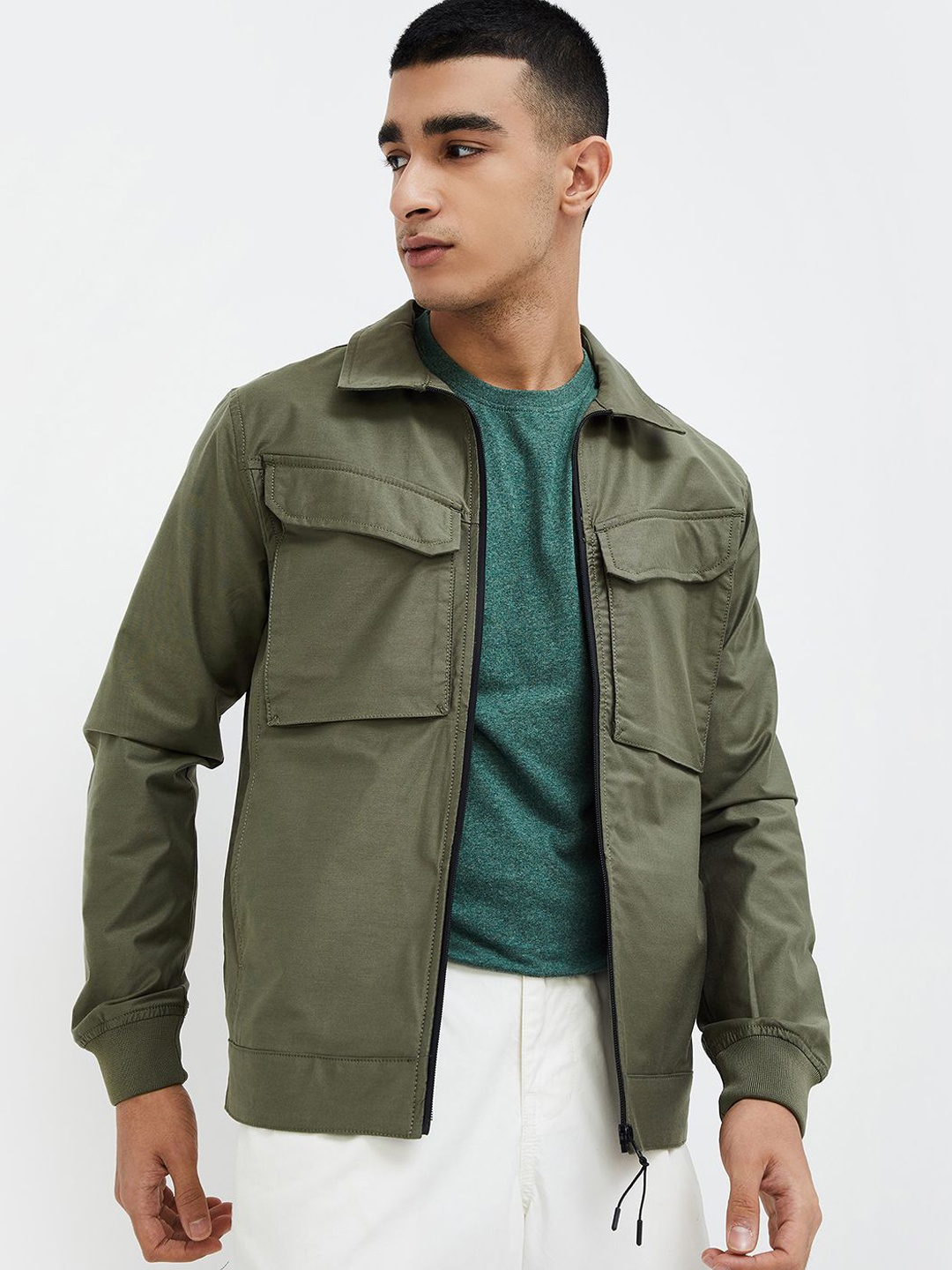 

Bossini Men Checked Longline Open Front Jacket with Embroidered, Olive