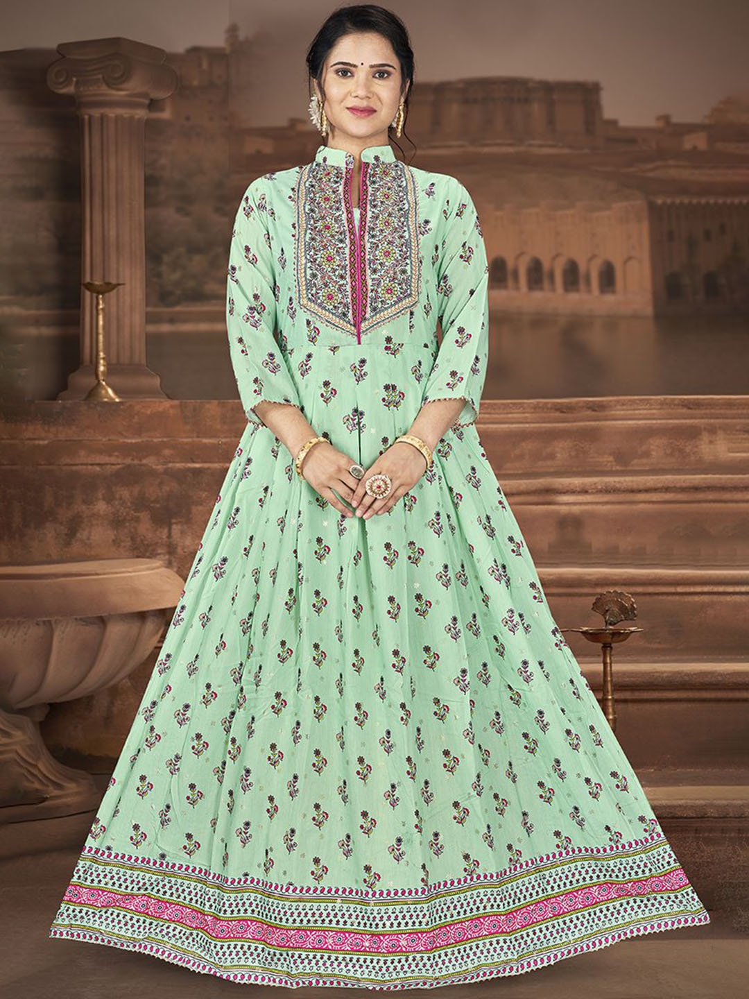 

EthnicTree Embroidered Fit & Flared Maxi Dress, Green