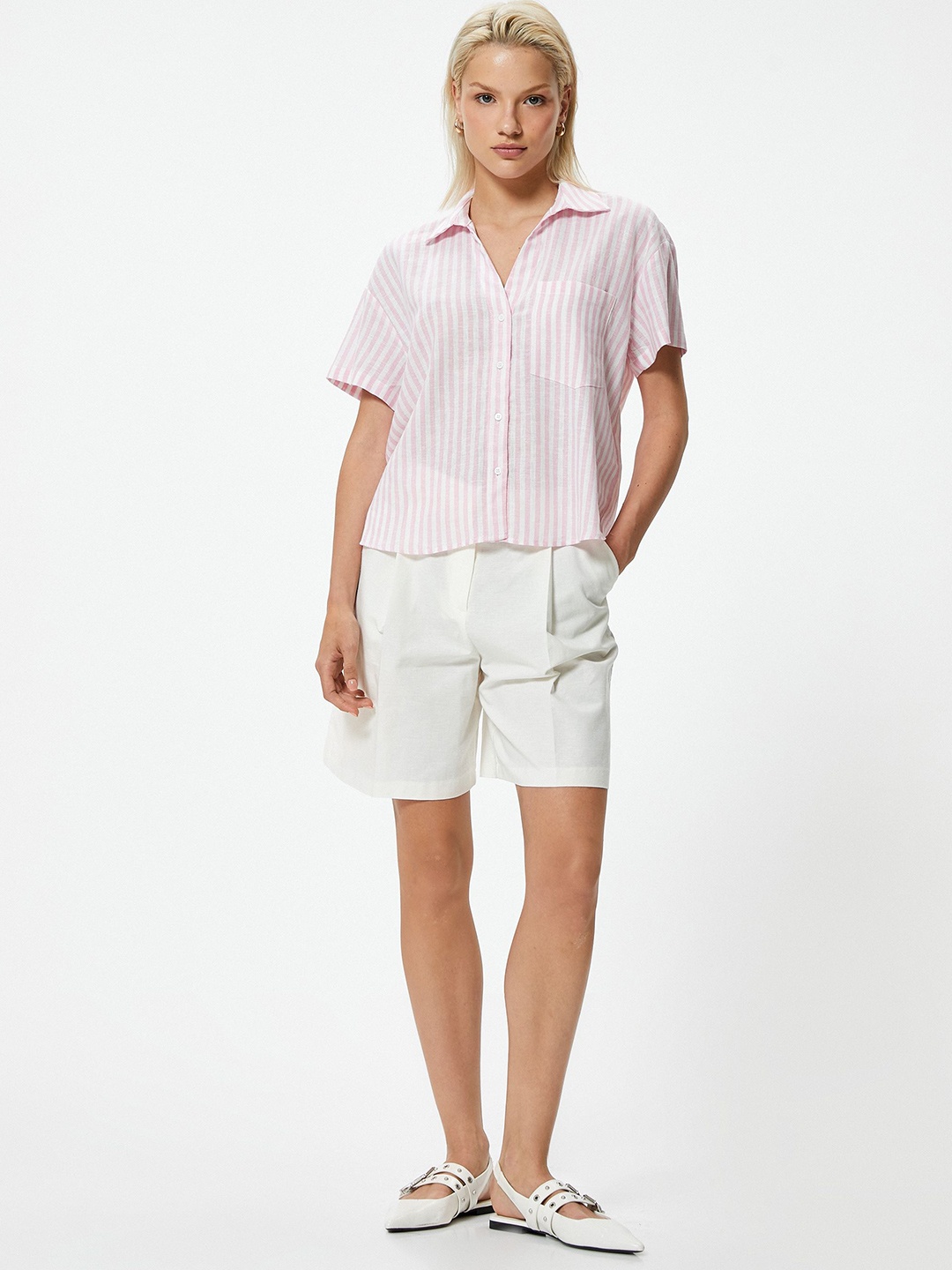 

Koton Women Spread Collar Vertical Striped Casual Shirt, Rose