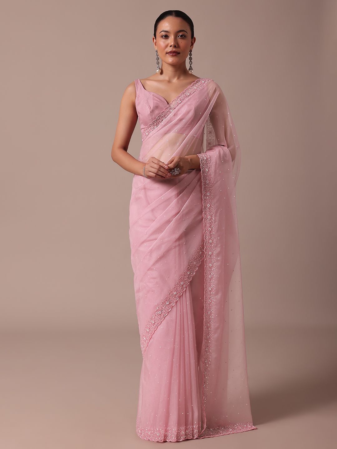 

KALKI Fashion Embellished Beads and Stones Organza Saree, Pink