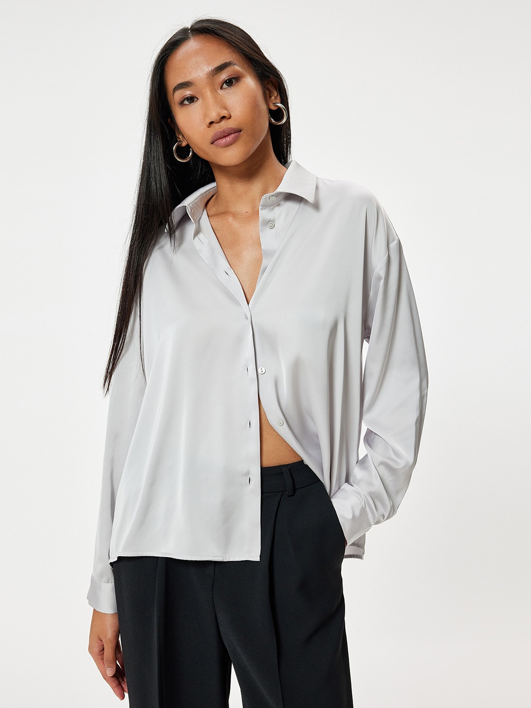 

Koton Women Spread Collar Solid Casual Shirt, Grey