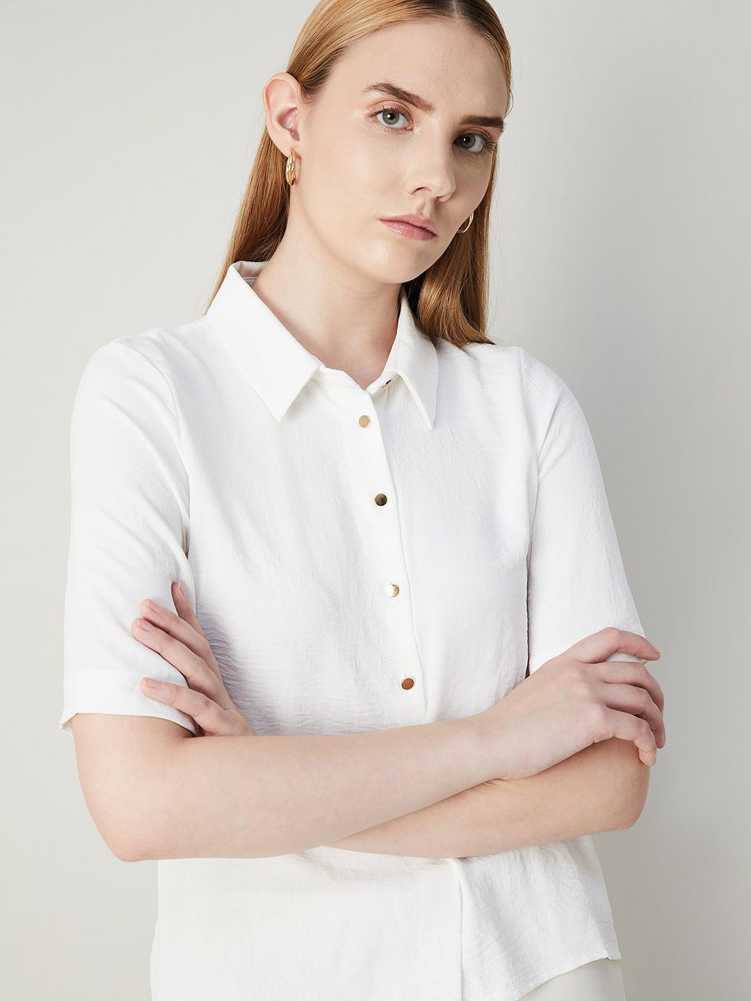 

CODE by Lifestyle Women Solid Shirt Collar Top, Off white