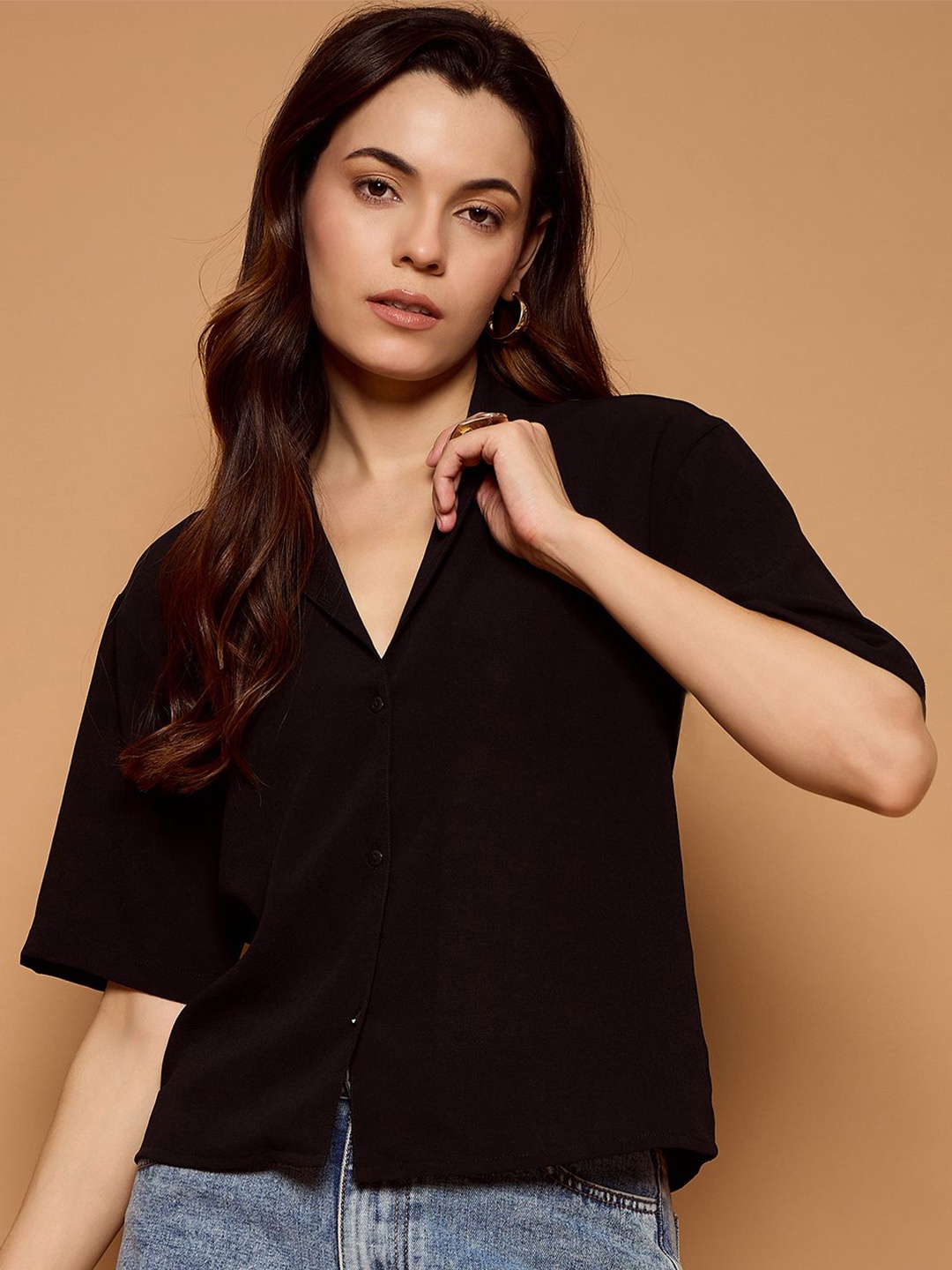 

Kibo Women Standard Cuban Collar Solid Oversized Casual Shirt, Black