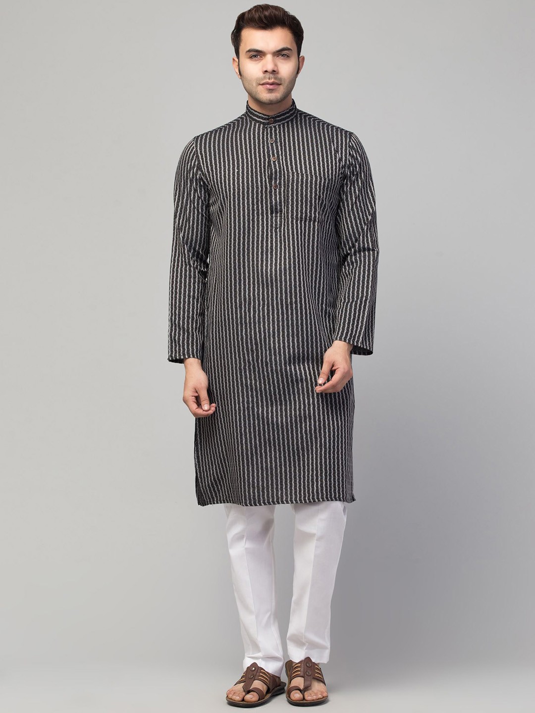 

MUSHKIYA Striped Band Collar Straight Kurta, Black