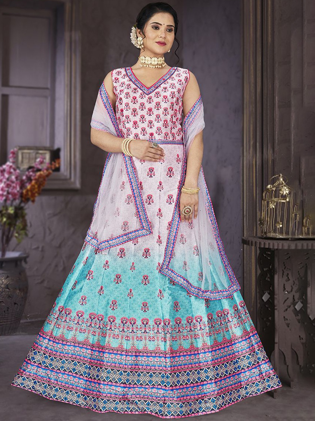 

EthnicTree Silk Embroidered Fit & Flared Maxi Dress With Dupatta, Pink