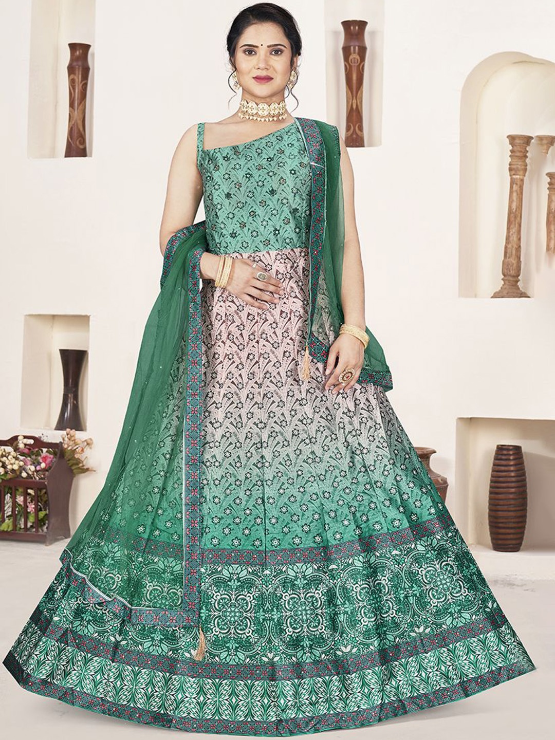 

EthnicTree Floral Printed Silk Gown with Dupatta, Green