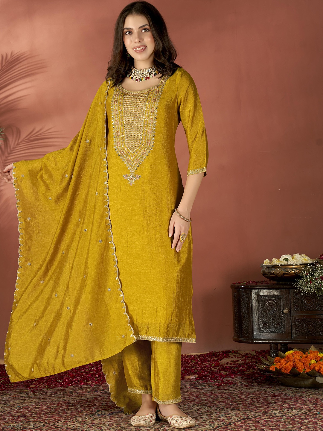 

Anouk Ethnic Motifs Embroidered Regular Thread Work Straight Kurta With Trousers & Dupatta, Mustard