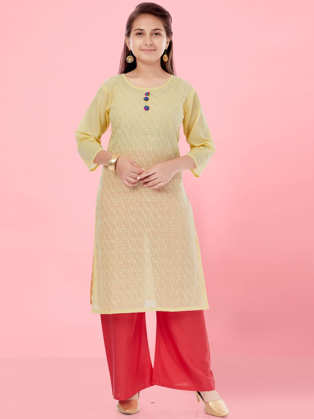 

BAESD Girls Geometric Embroidered Round Neck Cotton Straight Kurta, Green