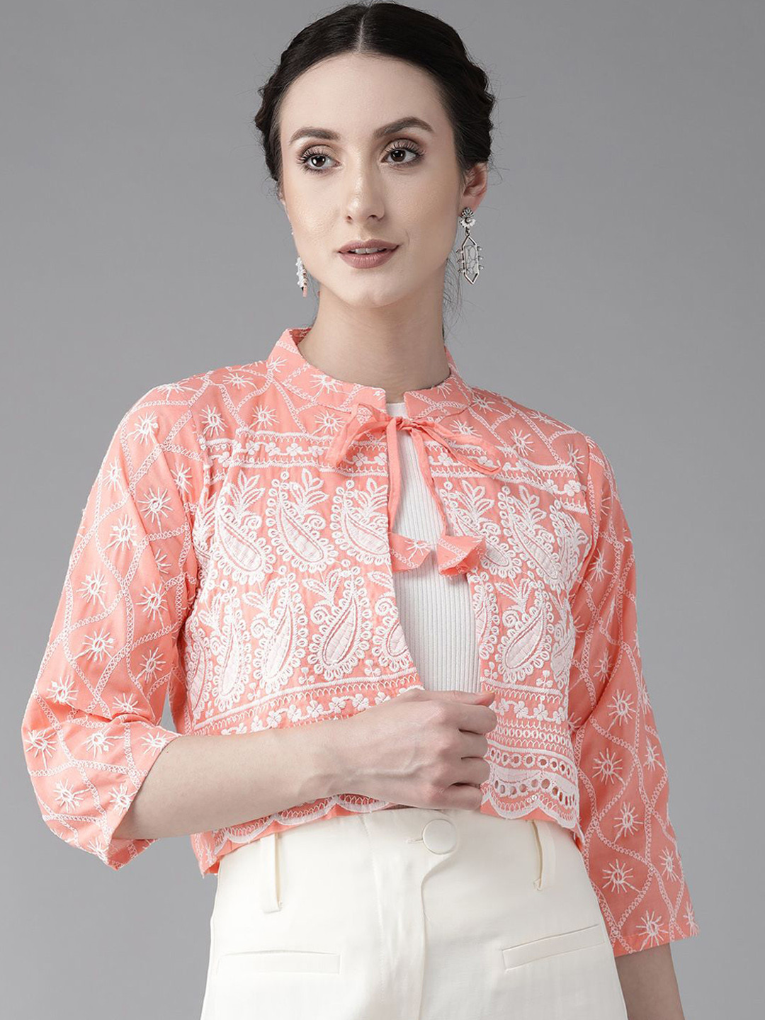 

BAESD Women Geometric Cotton Windcheater Crop Tailored Jacket Embroidered, Peach