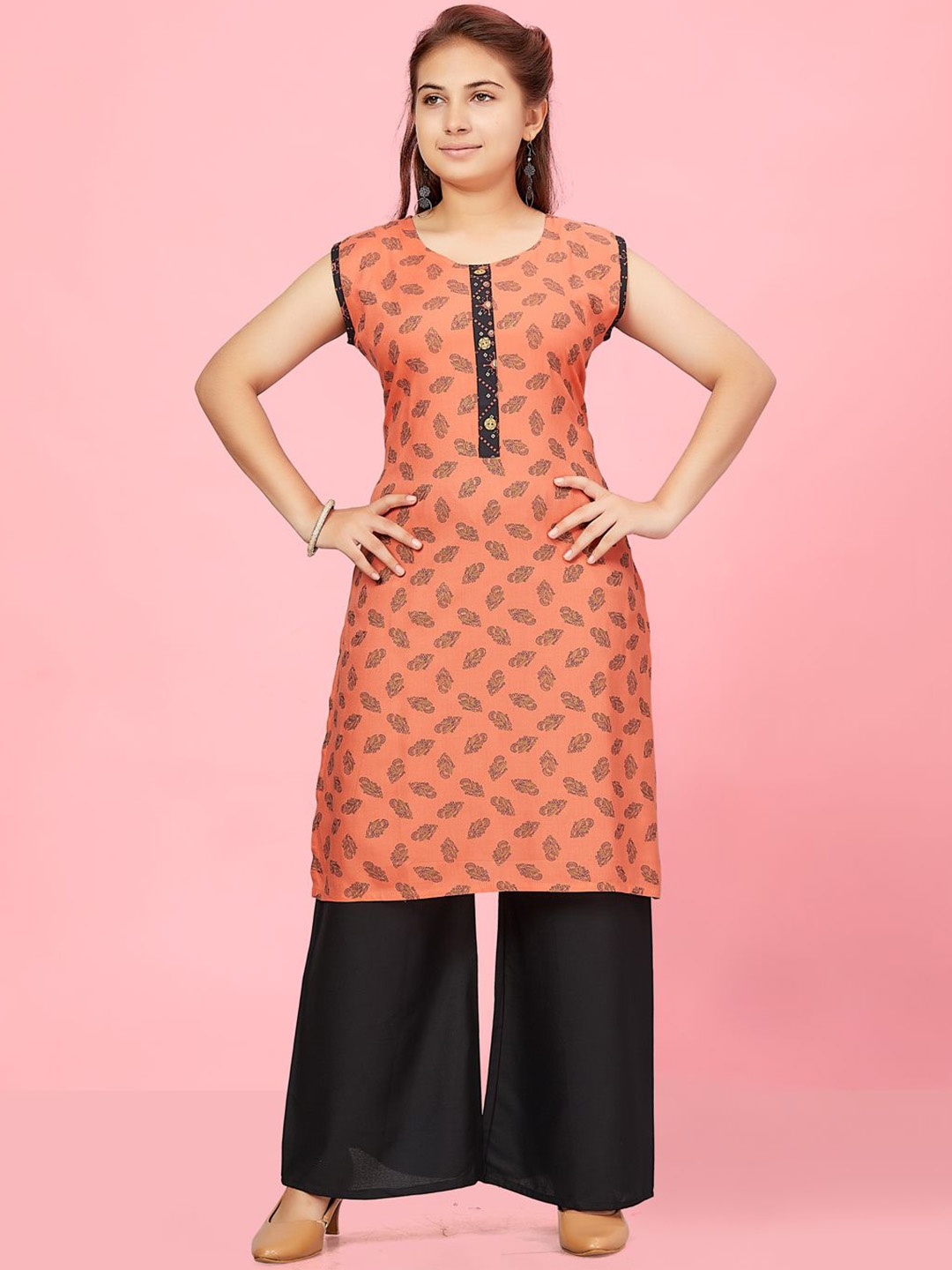 

BAESD Girls Ethnic Motifs Printed Round Neck Cotton Straight Kurta, Peach