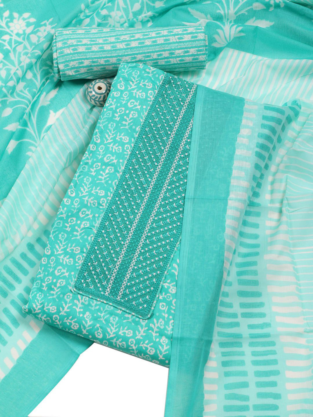 

Meena Bazaar Printed Unstitched Dress Material, Sea green