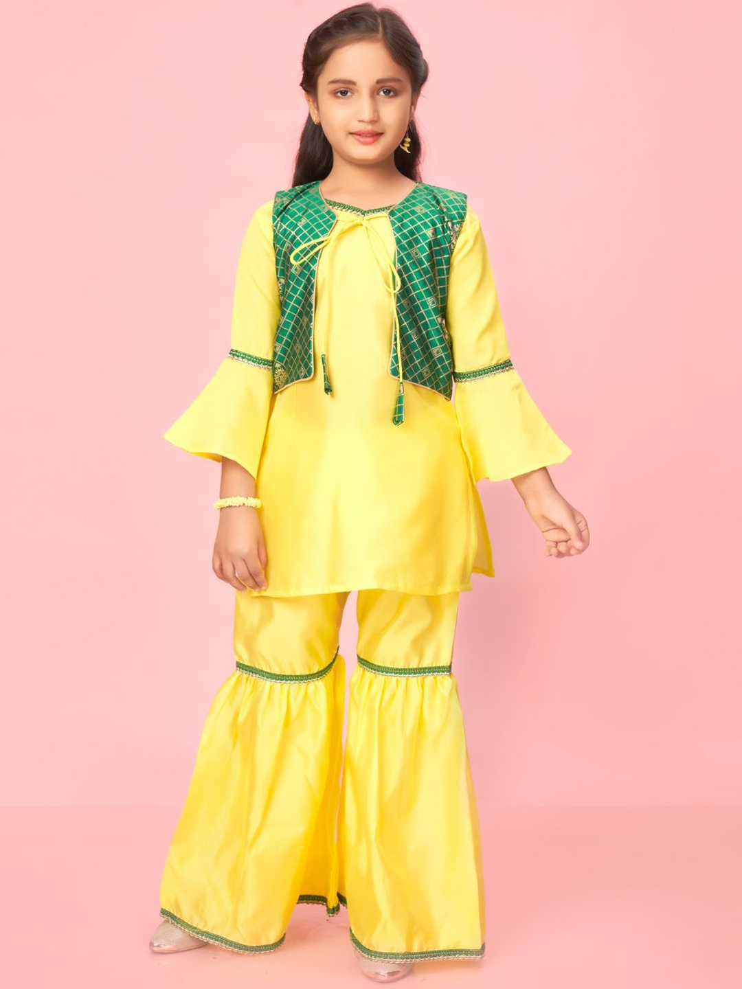 

BAESD Girls Bell Sleeves Pure Silk Straight Kurta With Sharara & Jacket, Green