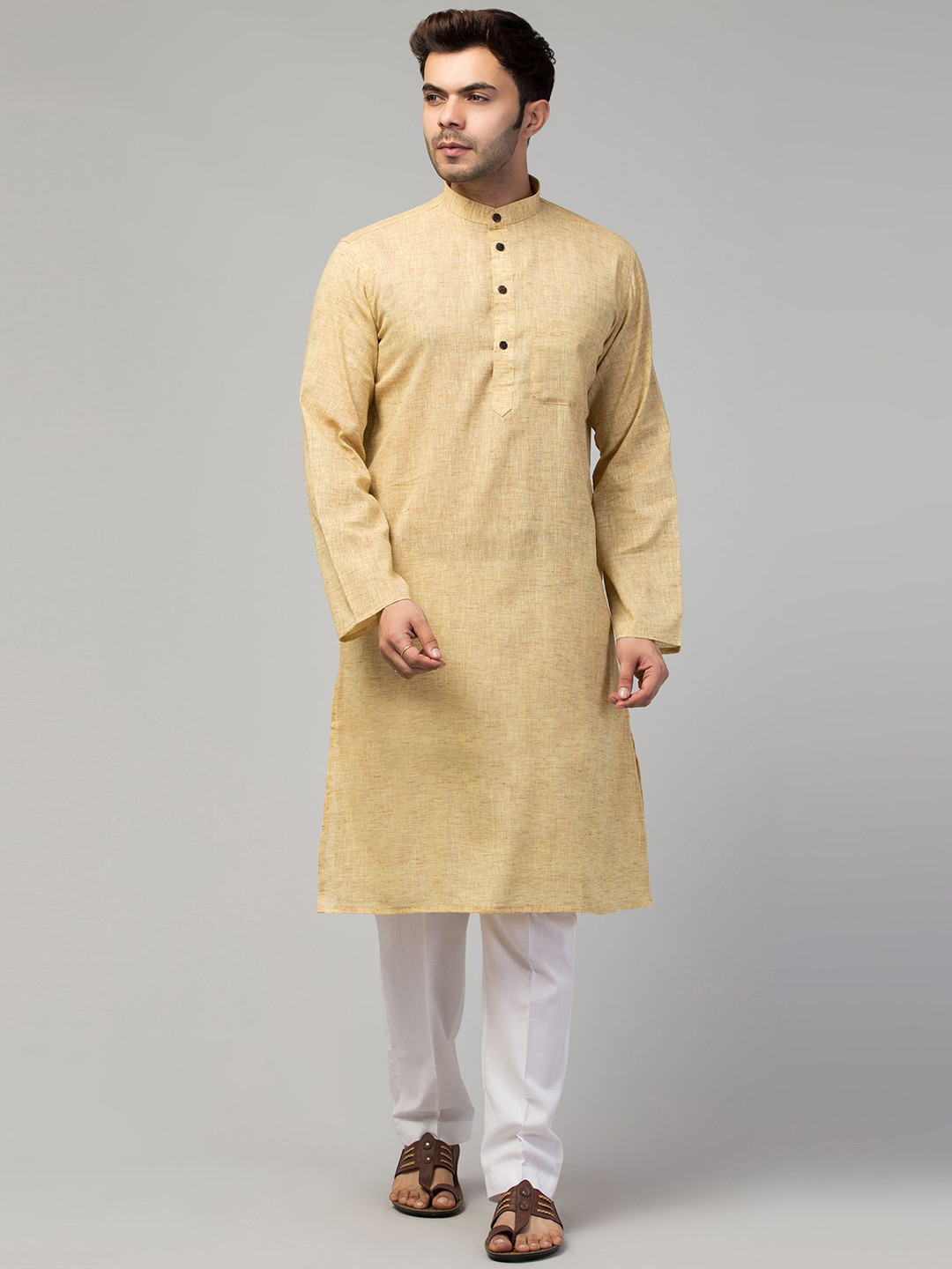 

MUSHKIYA Band Collar Straight Kurta, Beige