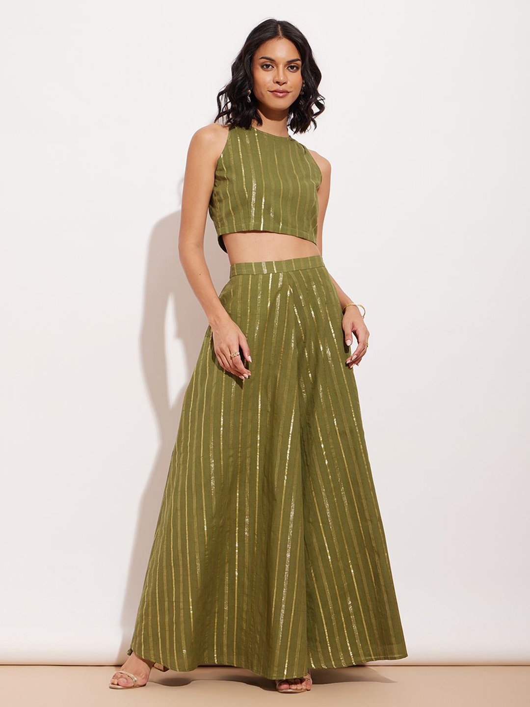 

Pink Fort Striped Pure Cotton Top With Skirt, Green