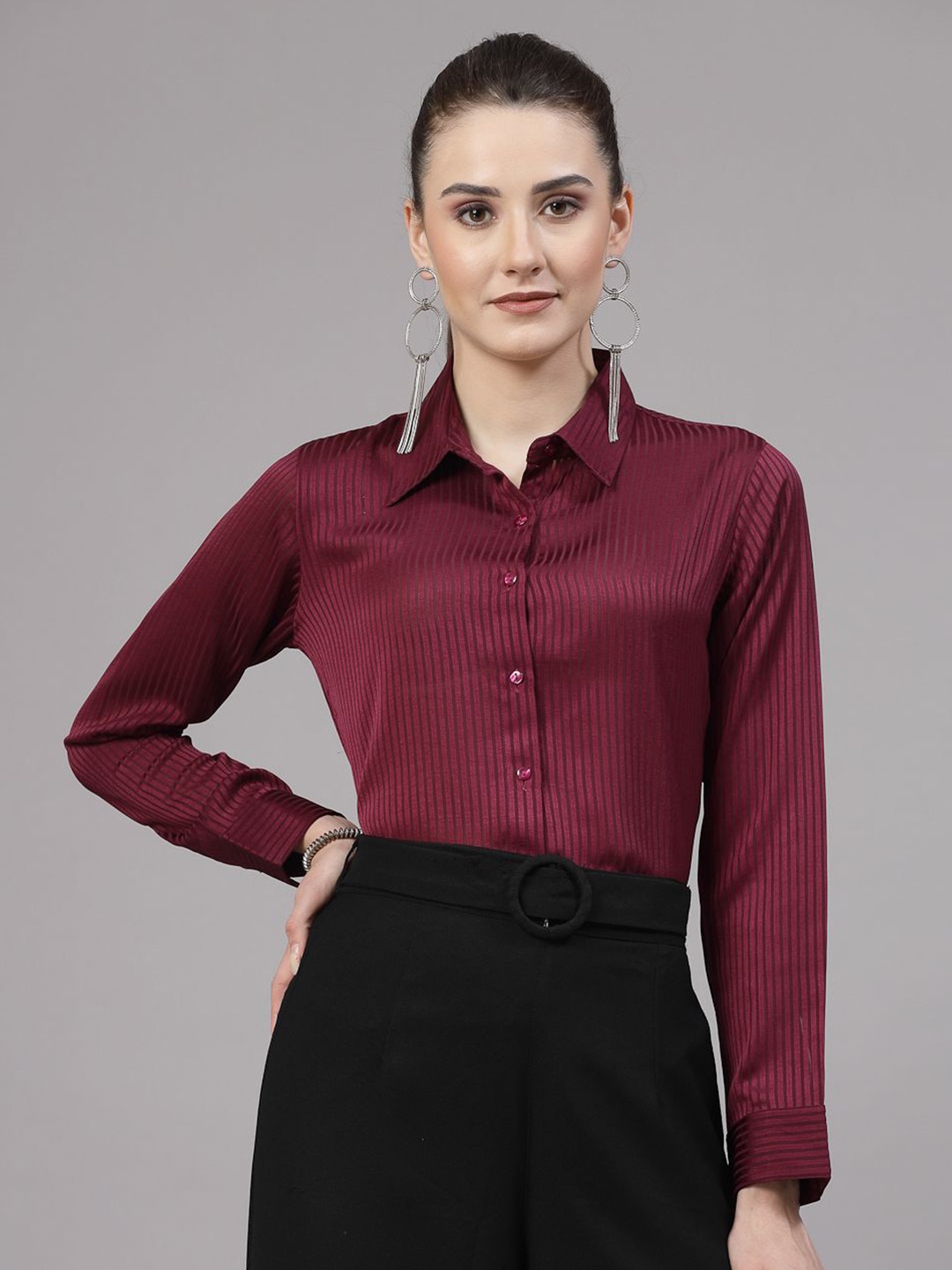 

Style Quotient Women Smart Spread Collar Striped Satin Casual Shirt, Maroon