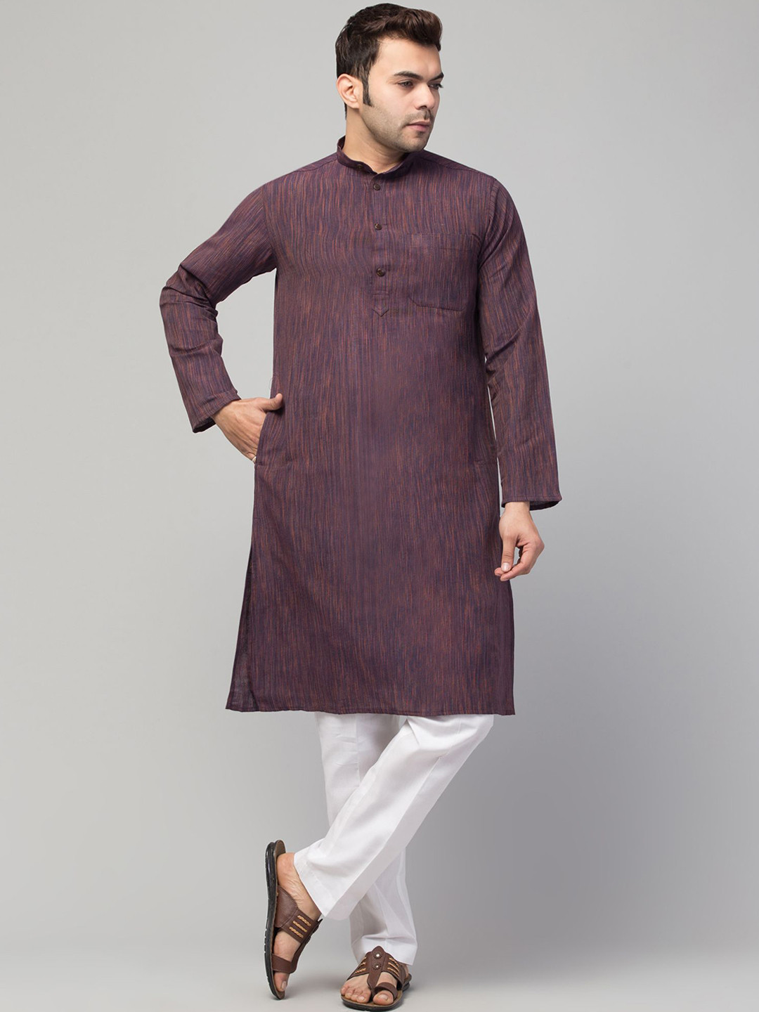 

MUSHKIYA Mandarin Collar Pure Cotton Straight Kurta, Purple