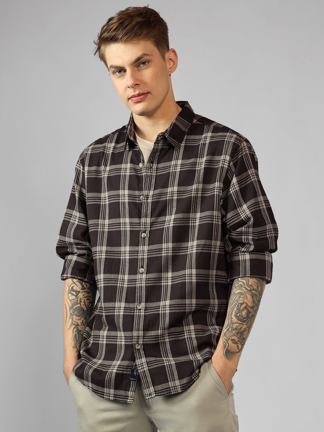

Dennis Lingo Men Spread Collar Tartan Checked Cotton Relaxed Fit Casual Shirt, Brown