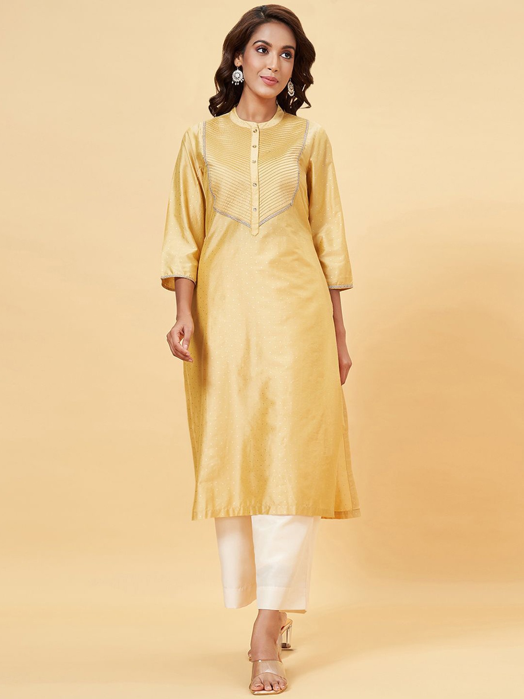 

RANGMANCH BY PANTALOONS Polka Dot Printed Mandarin Collar Pintuck Detailed Kurta, Yellow