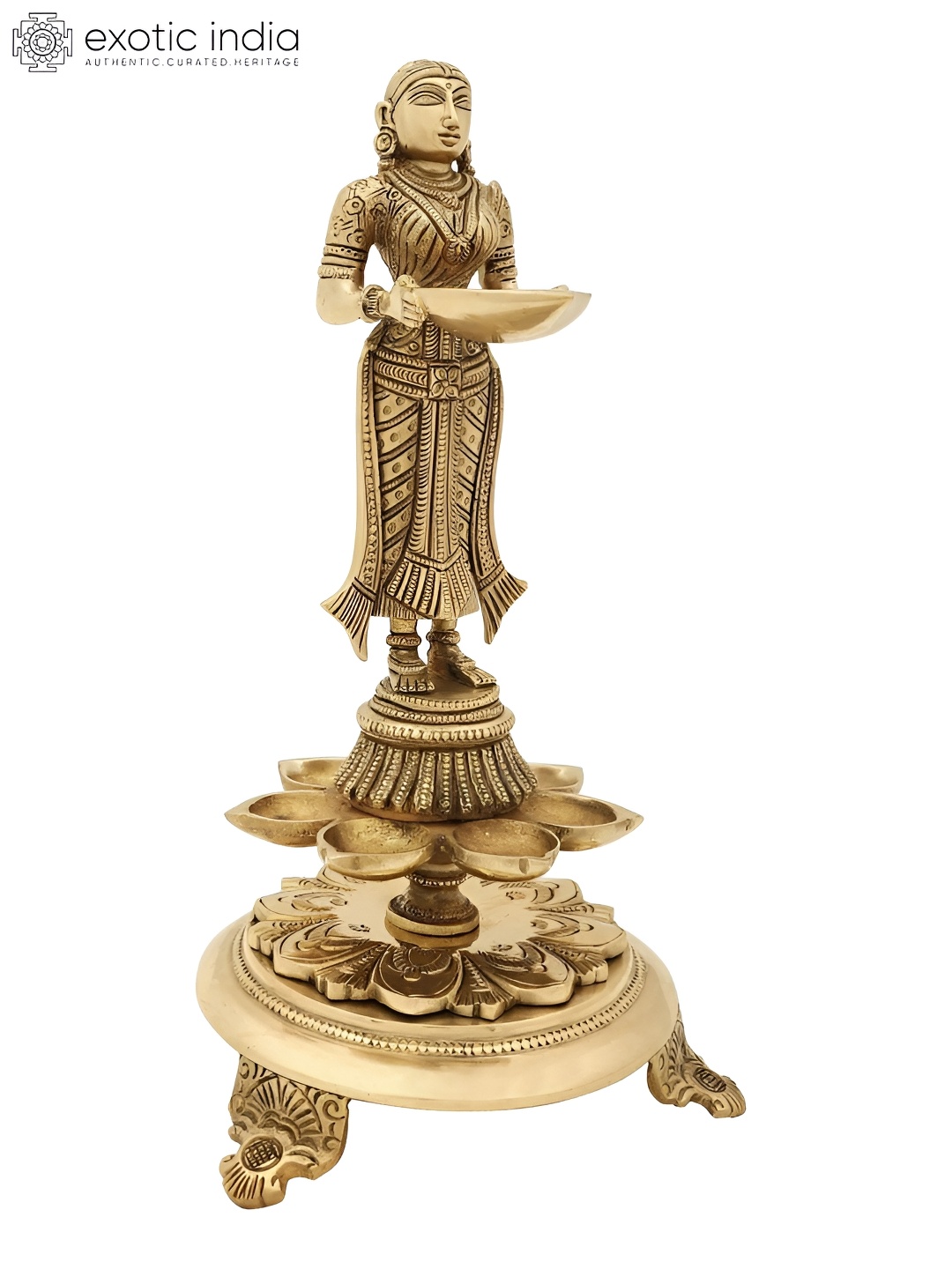 

Exotic India 11" Brass Deeplakshmi Lamp with Eight Wicks, Gold