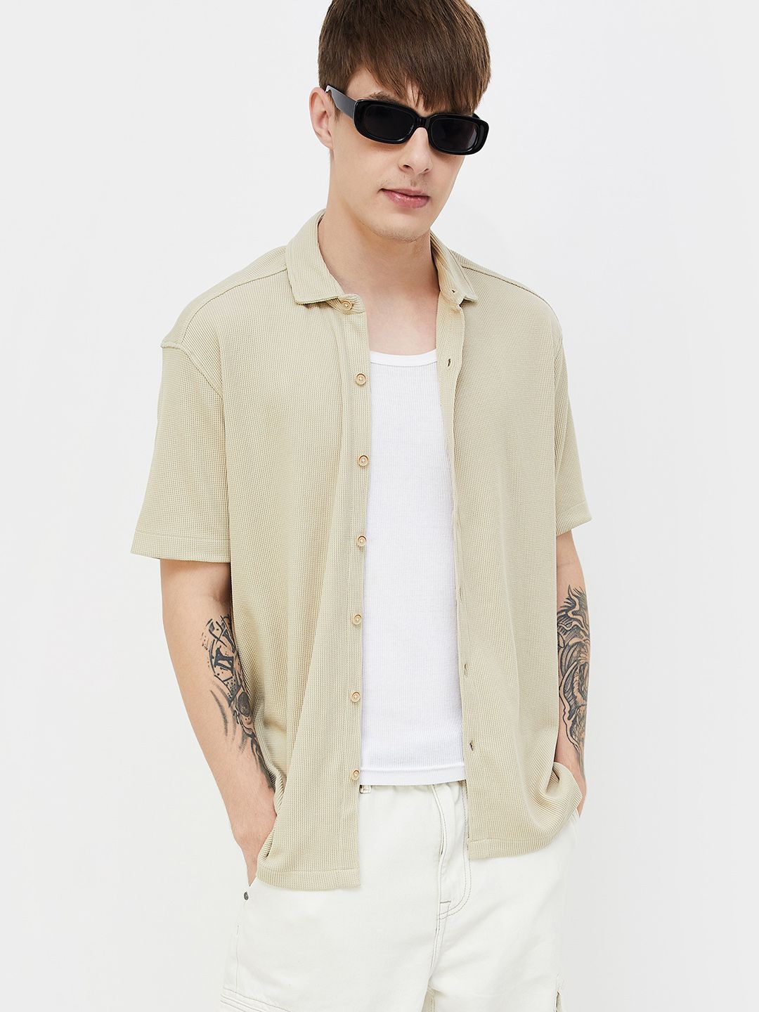

Fame Forever by Lifestyle Men Spread Collar Solid Cotton Casual Shirt, Beige