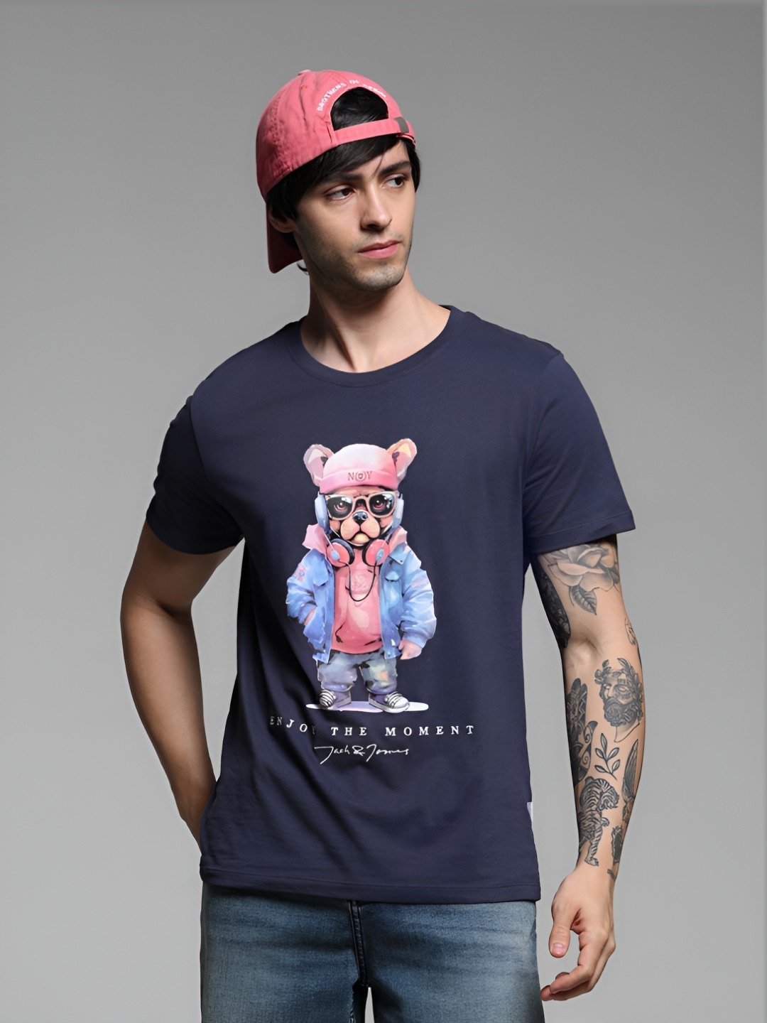 

Jack & Jones Men Graphic Printed Round Neck Cotton T-Shirt, Navy blue