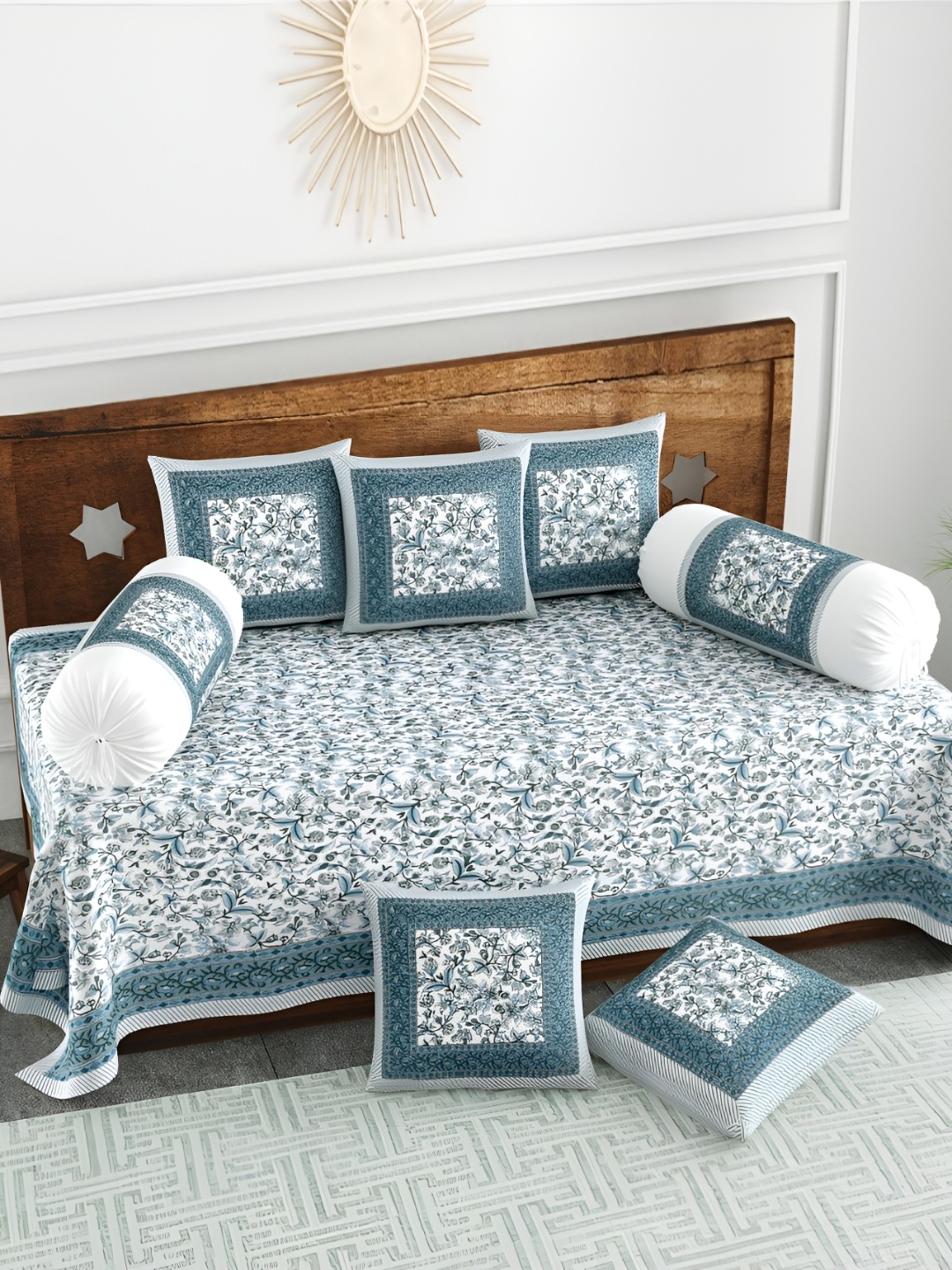 

The Craft Monk Grey & White 8 Pieces Floral Printed Pure Cotton Diwan Set