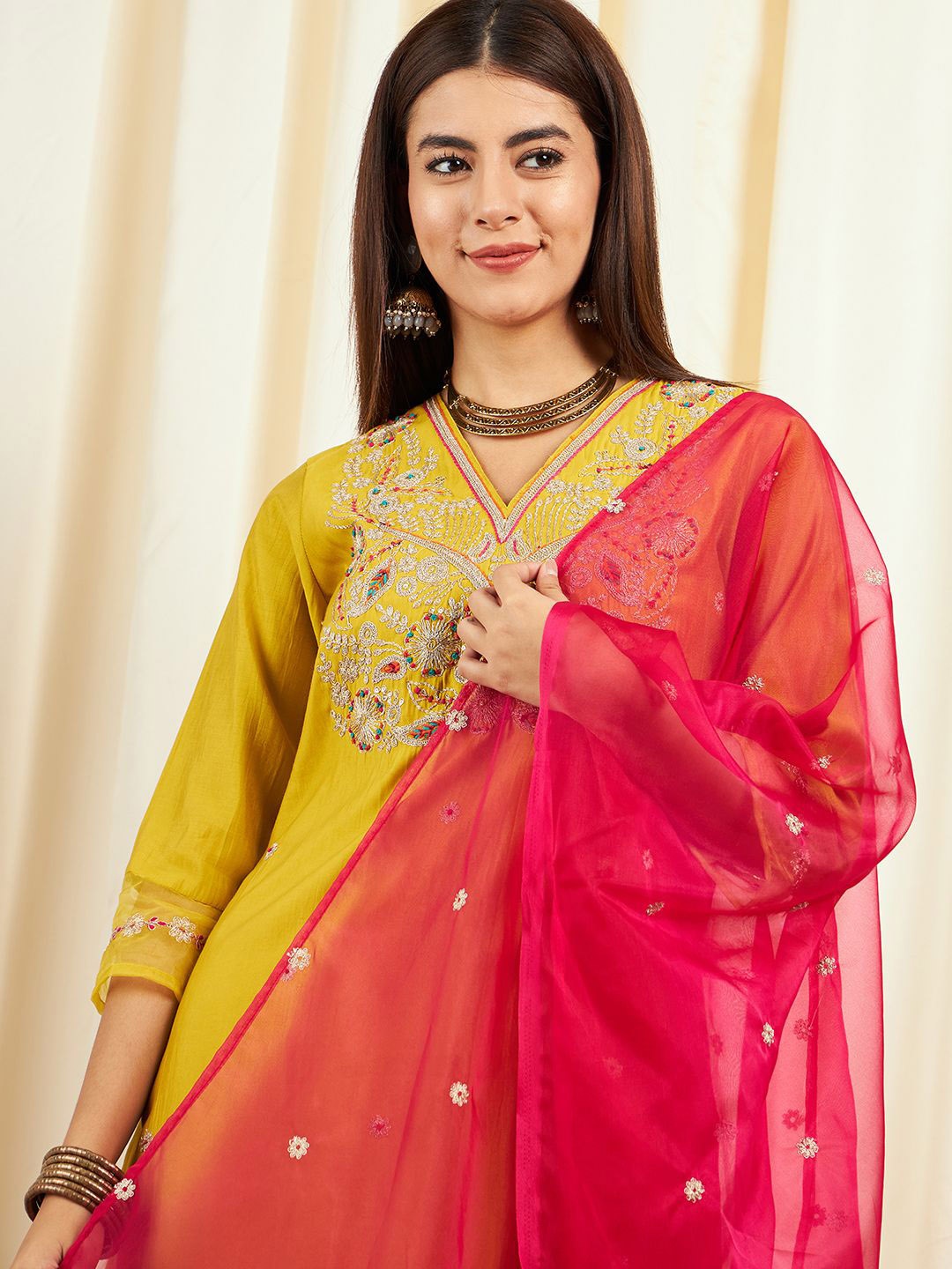 

Sangria Floral Embroidered Sequinned Pure Silk Straight Kurta With Trouser & Dupatta, Yellow