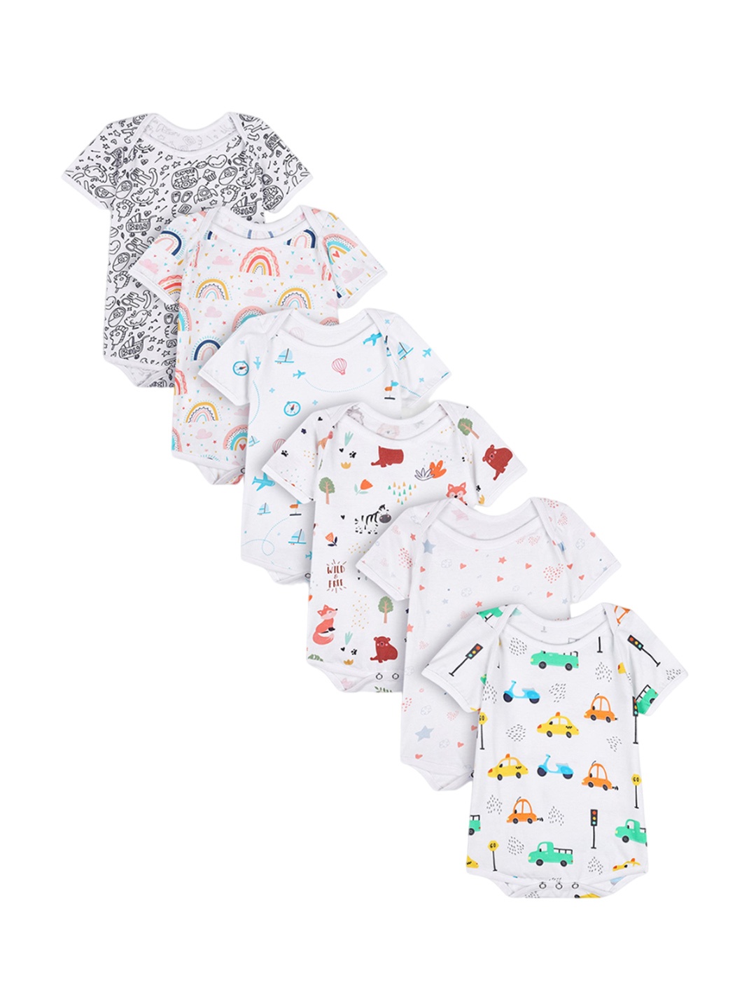 

Yellow Doodle Infants Pack of 6 Printed Cotton Bodysuits, White