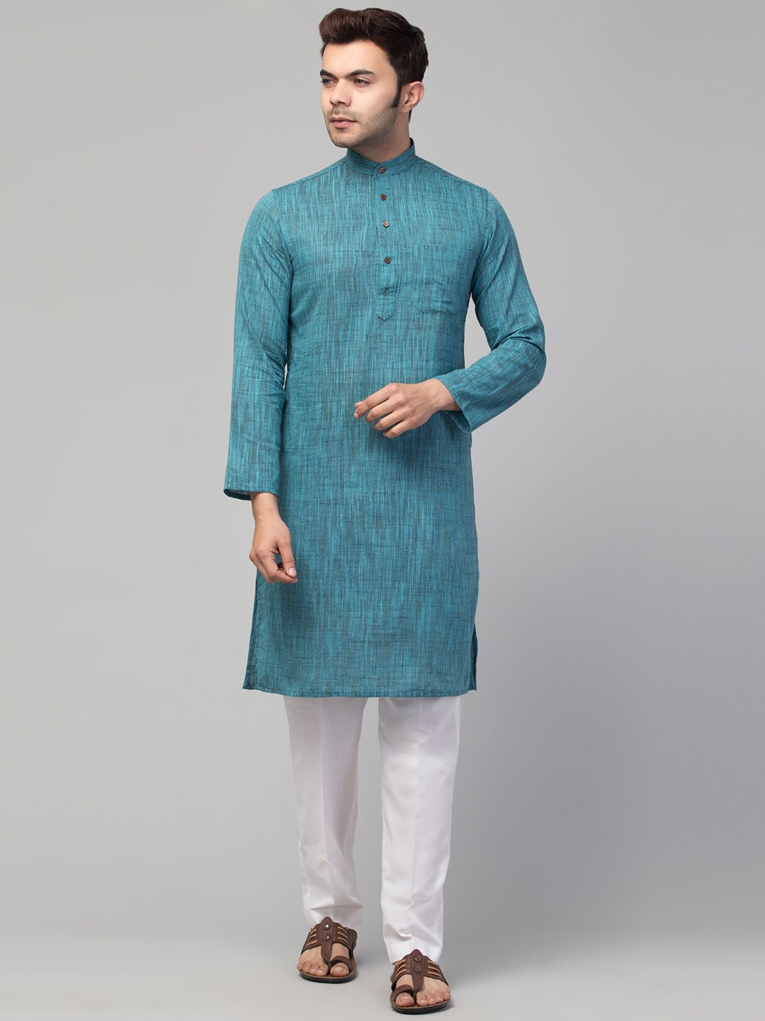 

MUSHKIYA Woven Design Band Collar Straight Kurta, Green