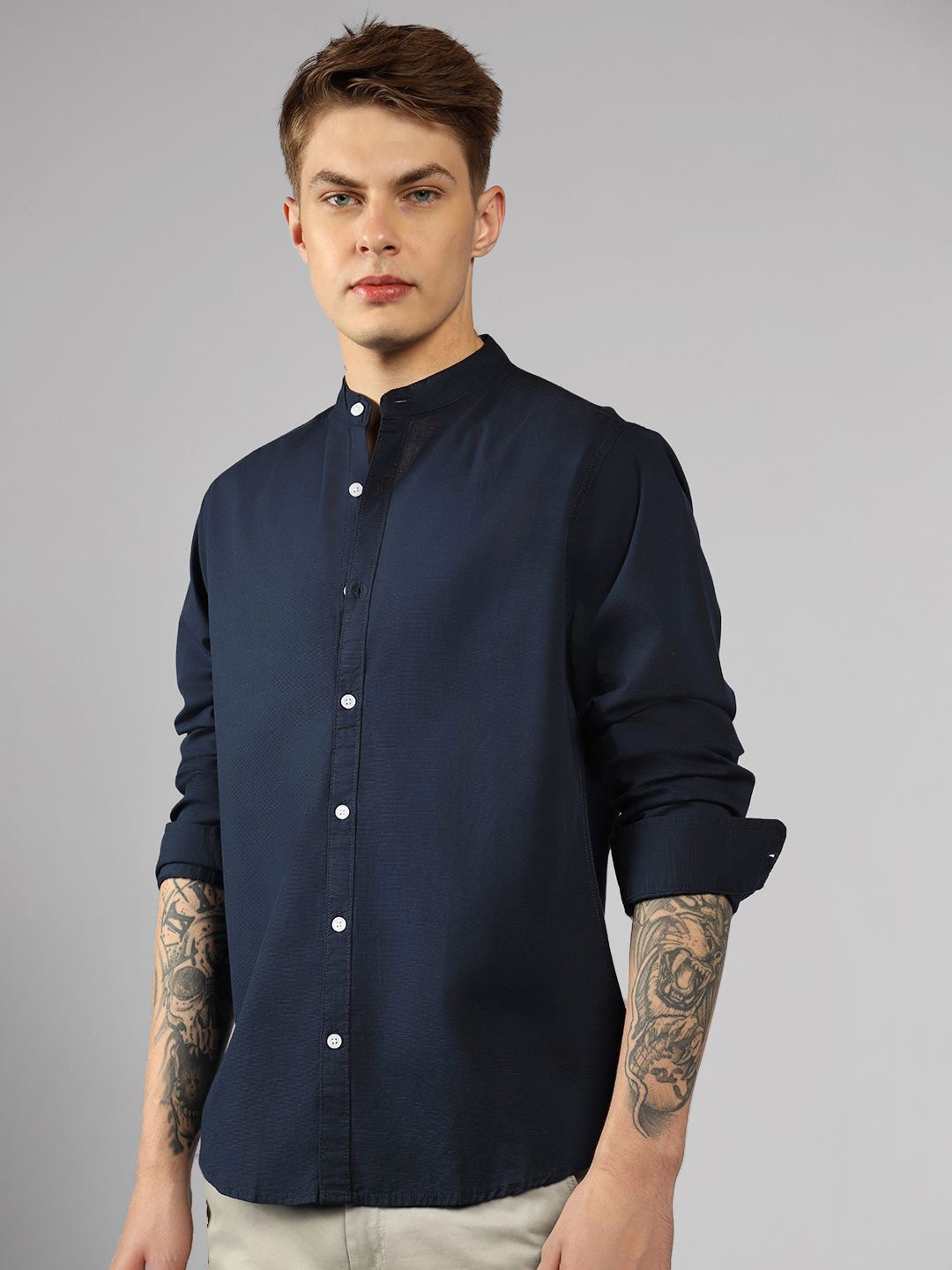 

Dennis Lingo Men Mandarin Collar Solid Cotton Relaxed Fit Casual Shirt, Navy blue