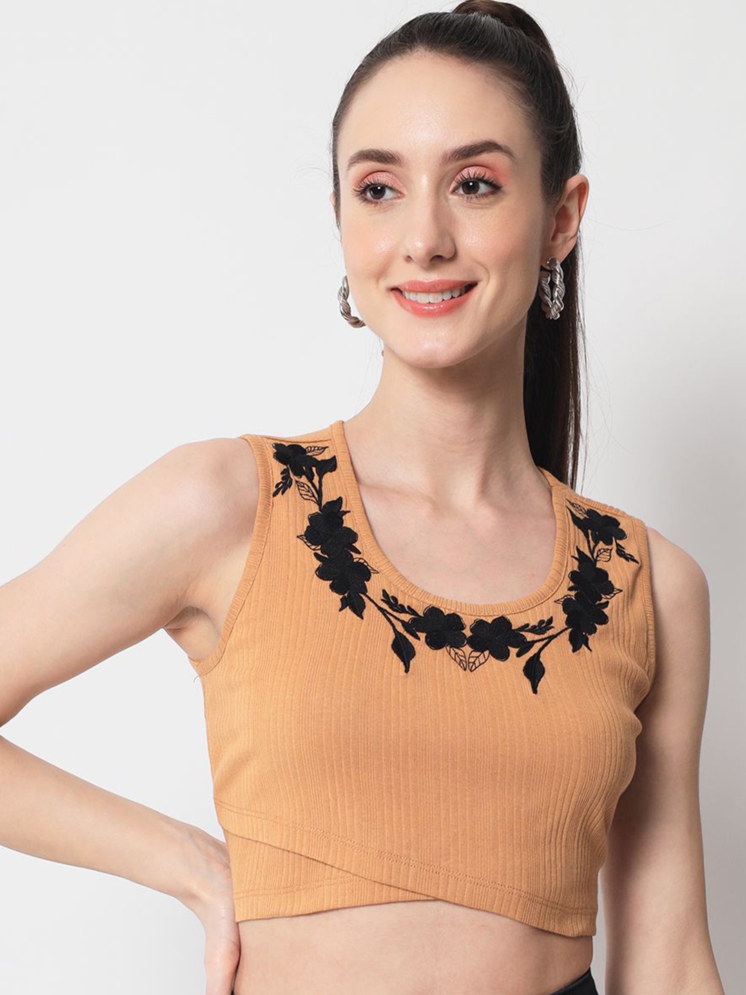 

Yaadleen Women Floral Printed Embroidered Round Neck Pure Cotton Top, Mustard