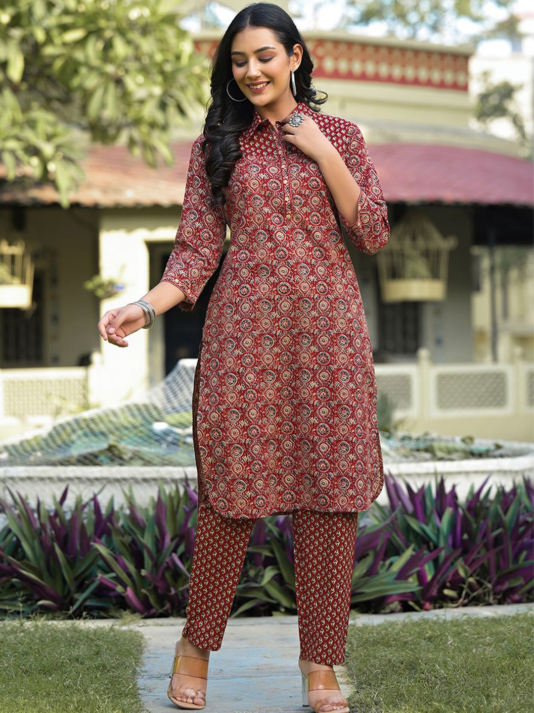 

ARAVALII Ethnic Motifs Printed Pure Cotton Shirt Style Kurta with Trousers, Maroon