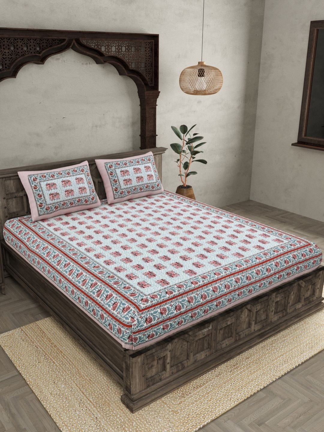 

JAIPUR FABRIC Pink Ethnic Motifs 144 TC Pure Cotton King Bedsheet with 2 Pillow Covers