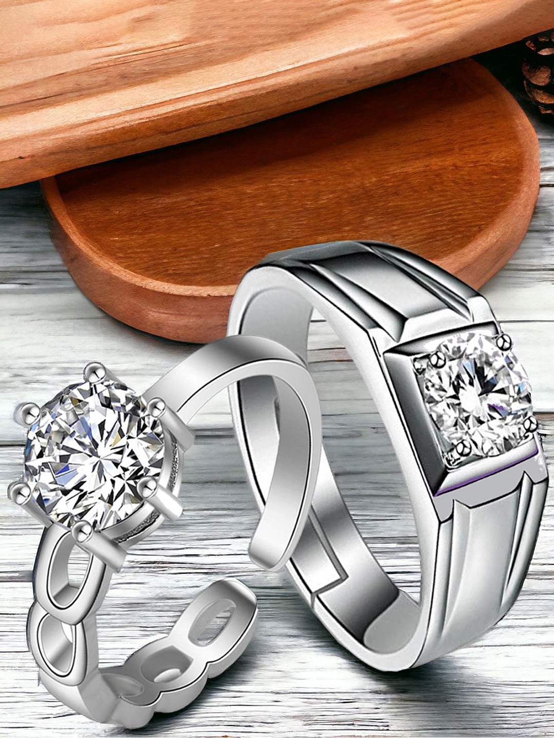 

Okos Set Of 2 Rhodium-Plated Cubic Zirconia-Studded Couple Finger Rings, Silver