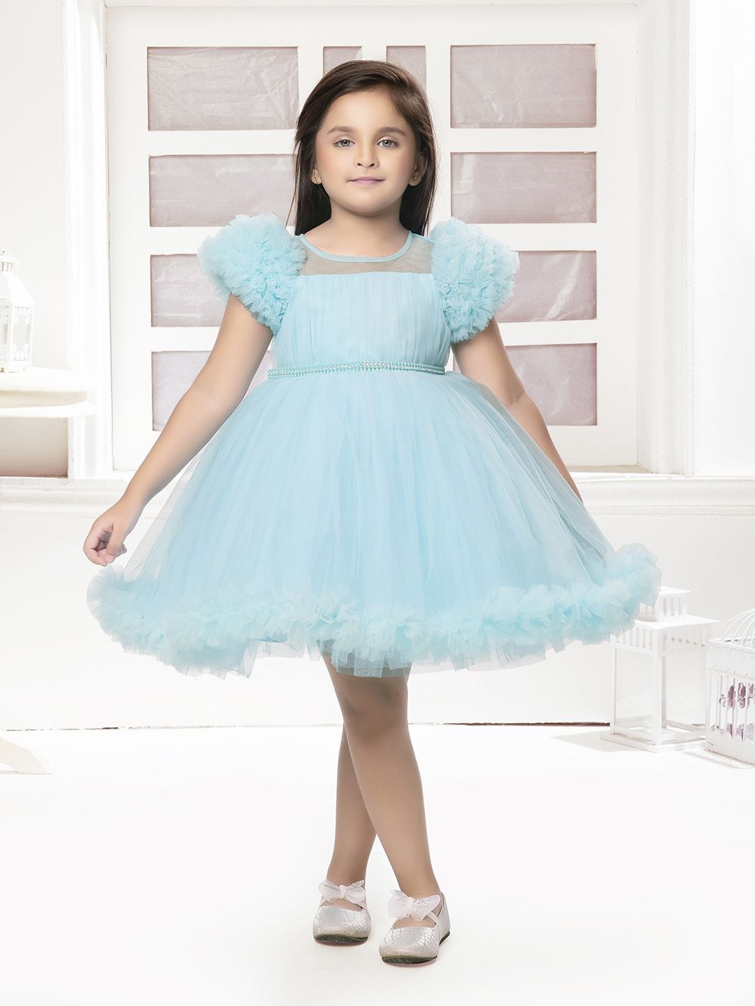 

Ministitch Girls Flutter Sleeve Net Fit & Flare Dress, Blue