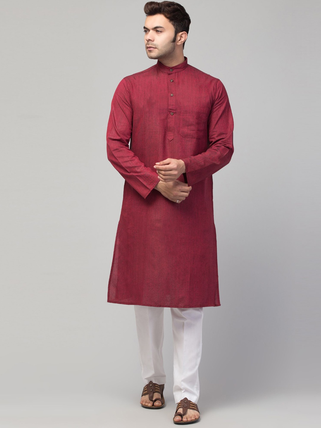 

MUSHKIYA Mandarin Collar Pure Cotton Straight Kurta, Maroon