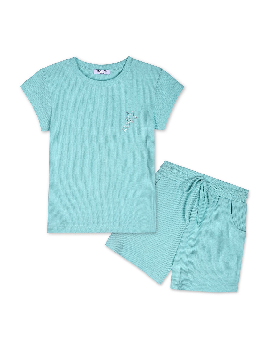 

DALSI Girls Striped Pure Cotton T-shirt with Shorts, Sea green