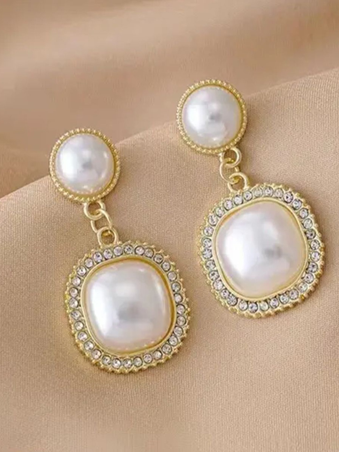 

CareDone Gold-Plated Stone Studded & Beaded Contemporary Brass Drop Earrings