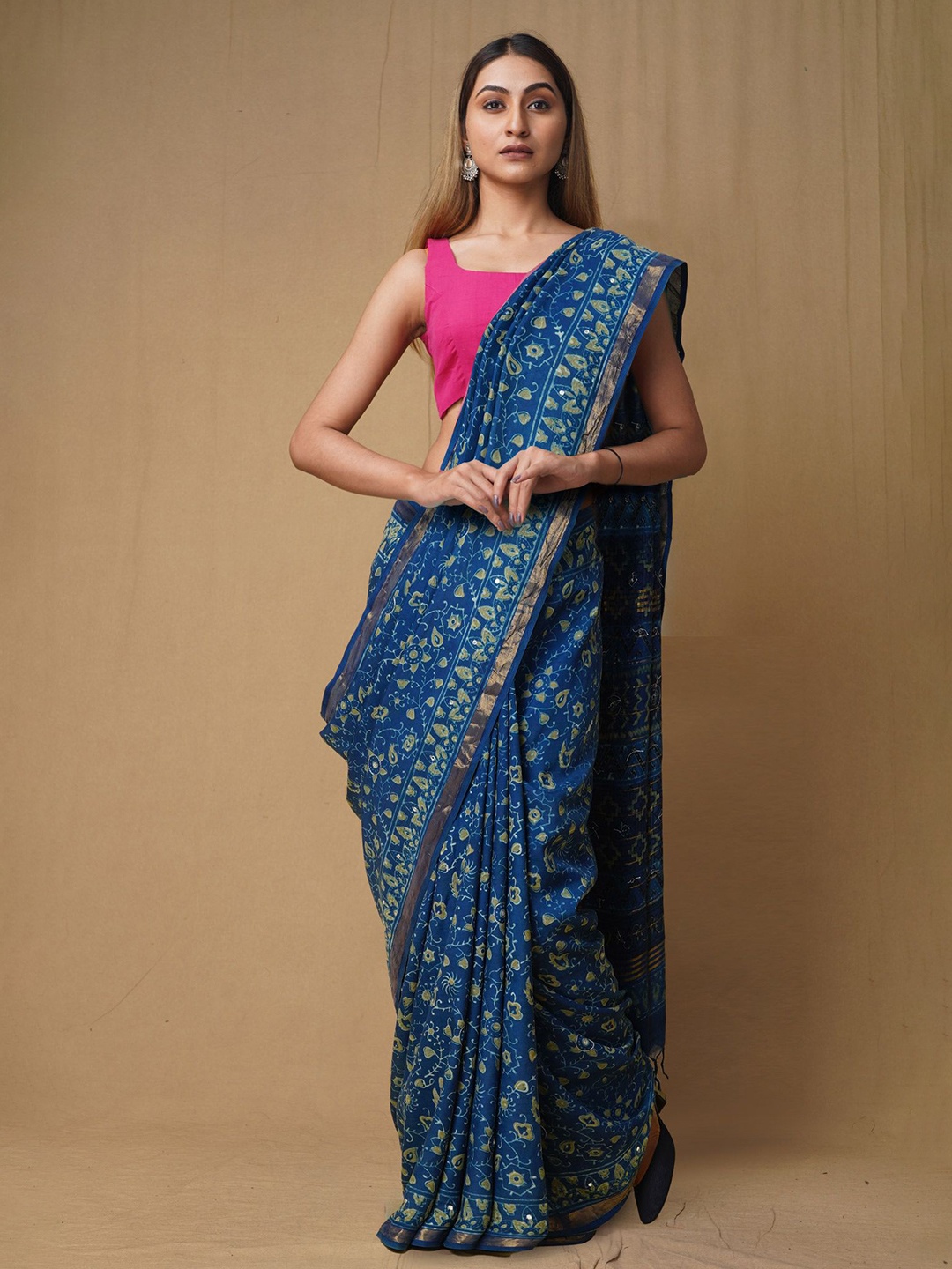 

Unnati Silks Ajrak Art Silk Handloom Chanderi Saree, Blue