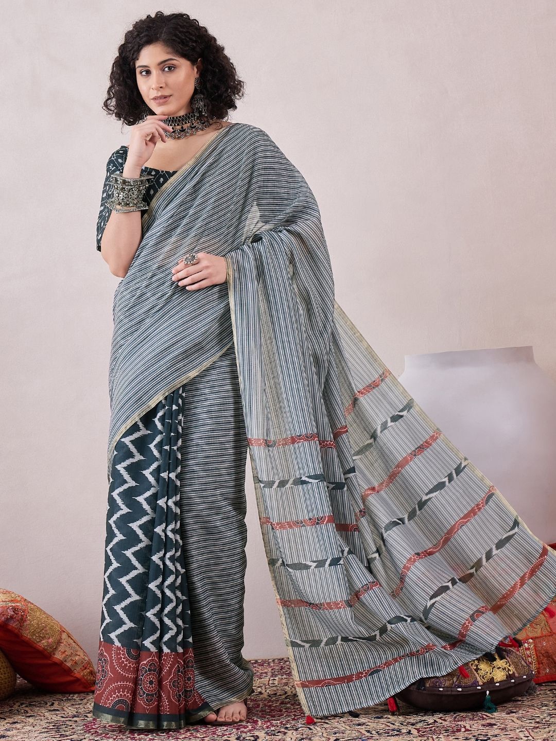

KALINI Striped Linen Blend Half and Half Saree, Grey