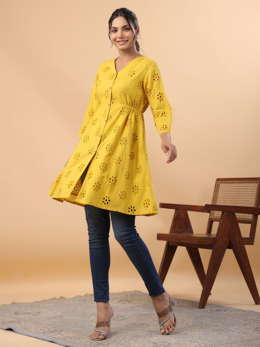 

Janasya V-Neck Solid Schiffli A-Line Tunic, Mustard