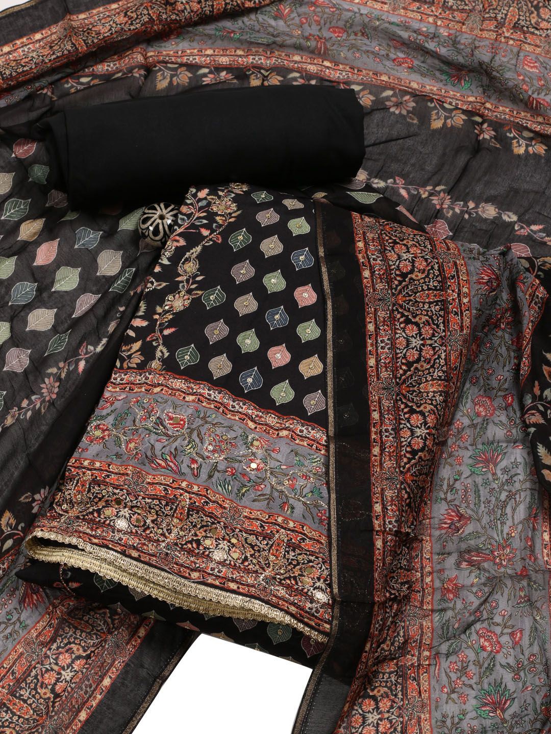 

Meena Bazaar Printed Art Silk Unstitched Dress Material, Black